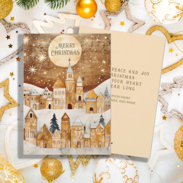 Guld Vintage Snötäckt By God Jul Julkort (Gold and white vintage Christmas greeting card)