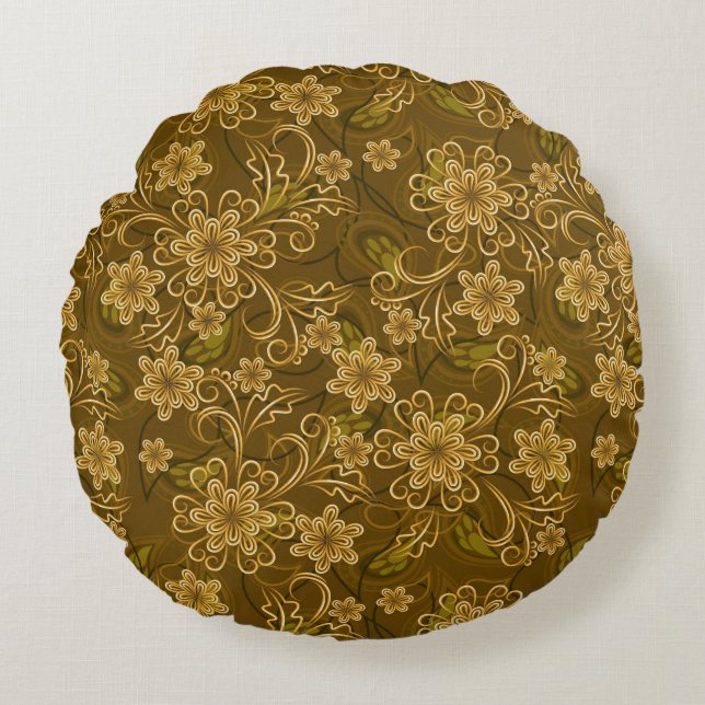 Guld- vintageblommönster rund kudde (Framsidan)
