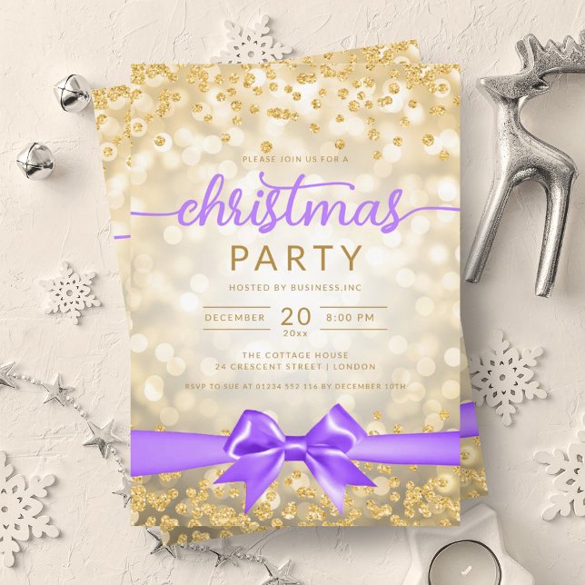 Guld Vinter Glam Company Jul Rosa Band Inbjudningar (Gold Winter Glam Company Xmas Purple Ribbon Invitation)
