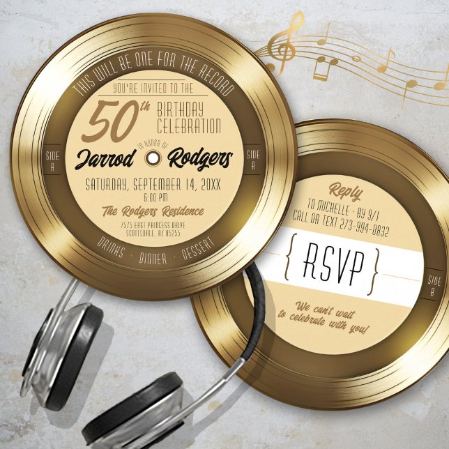 Guld Vinyl Record Retro Music 50:e Födelsedagsfest Inbjudningar (Fun Elegant Unique gold vinyl record round music theme side A side B 50th birthday party invitation )