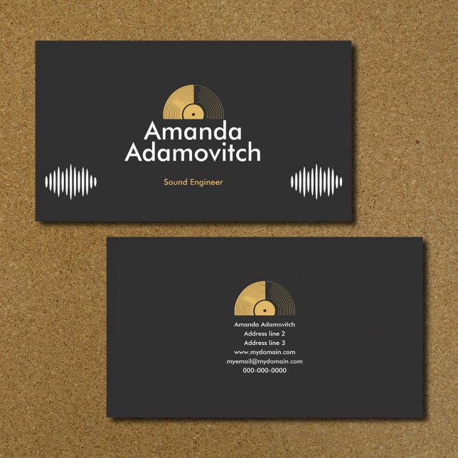 Guld Vinylskiva & Ljudvågor Visitkort (Gold Vinyl Record & Sound Waves Business Card)
