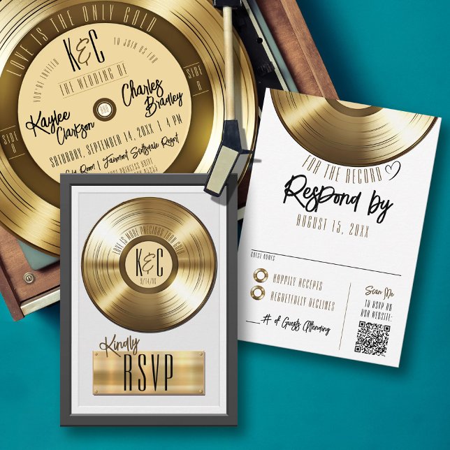 Guld Vinylskiva Plaque Bröllopsinbjudan Svar Senas (Solid gold record plaque award style music theme wedding invitation RSVP card, monogram, qr code)