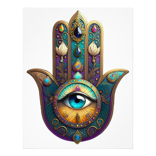 Guld Violett Teal Hamsa m/ Turkos Tredje Öga Fototryck