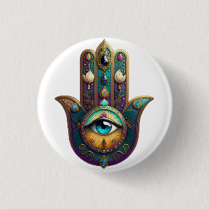 Guld Violett Teal Hamsa m/ Turkos Tredje Öga Knapp