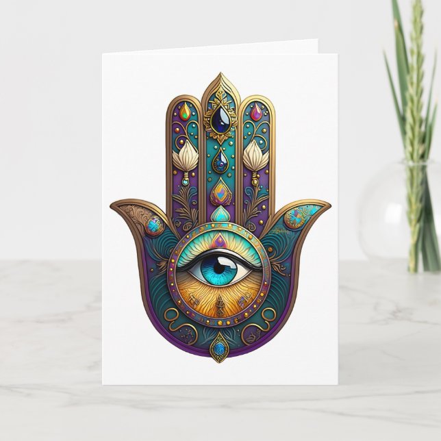 Guld Violett Teal Hamsa m/ Turkos Tredje Öga Kort (Framsida)
