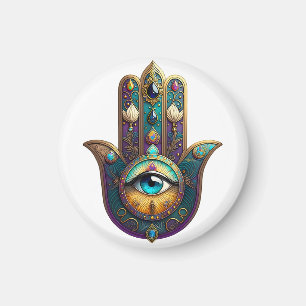 Guld Violett Teal Hamsa m/ Turkos Tredje Öga Magnet