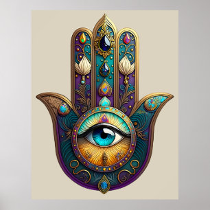 Guld Violett Teal Hamsa m/ Turkos Tredje Öga Poster