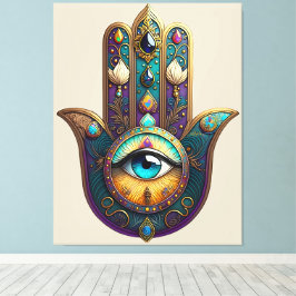 Guld Violett Teal Hamsa med Turkos Tredje Öga Canvastryck