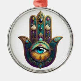 Guld Violett Teal Hamsa med Turkos Tredje Öga Julgransprydnad Metall