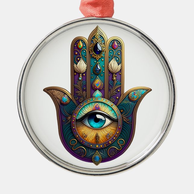 Guld Violett Teal Hamsa med Turkos Tredje Öga Julgransprydnad Metall (Framsidan)