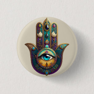 Guld Violett Teal Hamsa med Turkos Tredje Öga Knapp