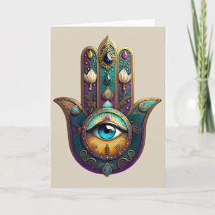 Guld Violett Teal Hamsa med Turkos Tredje Öga Kort