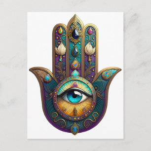 Guld Violett Teal Hamsa med Turkos Tredje Öga Vykort