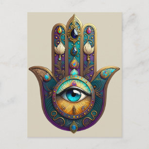 Guld Violett Teal Hamsa med Turkos Tredje Öga Vykort