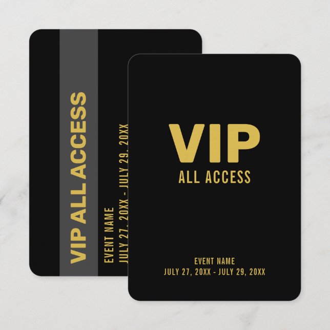 Guld VIP Allt Tillträde Pass Evenemangs-ID-märke 3 Inbjudningar (Fram/baksida)