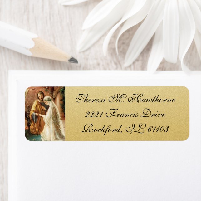 Guld Virgin Mary Joseph, katolsk Bröllop Elegant Returadress Etikett (Insitu)