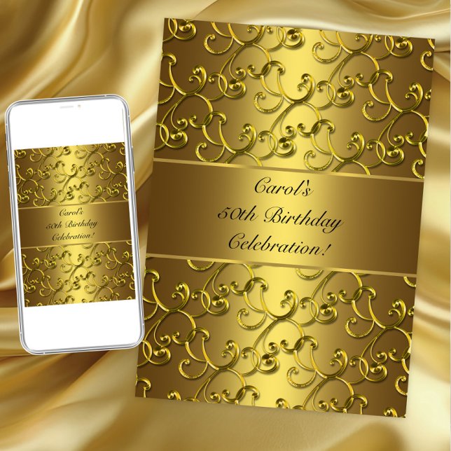 Guld Virvel Födelsedagsfest Inbjudningar (Gold swirl any birthday or occasion invitation. Instant download and printed invitations available.)