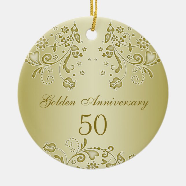 Guld- virvlar runt den 50th bröllopsdagprydnaden julgransprydnad keramik (Framsidan)