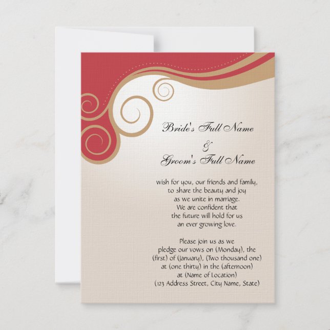 Guld virvlar runt på rött och kräm- inbjudningar (Framsida)