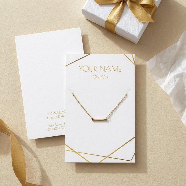 Guld-visning för geometriskt halsband eller armban visitkort (Gold geometric necklace and bracelet display card.)