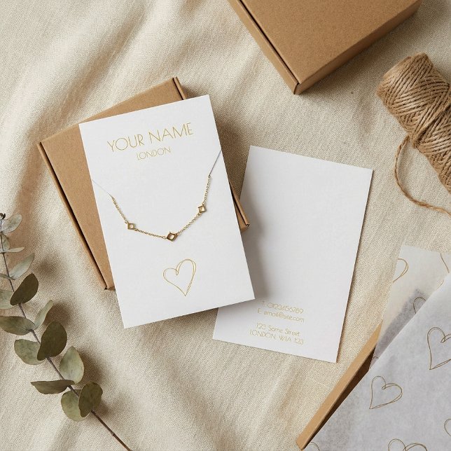 Guld-visning för hjärthalsband eller armband visitkort (Gold heart necklace or bracelet white display card.)