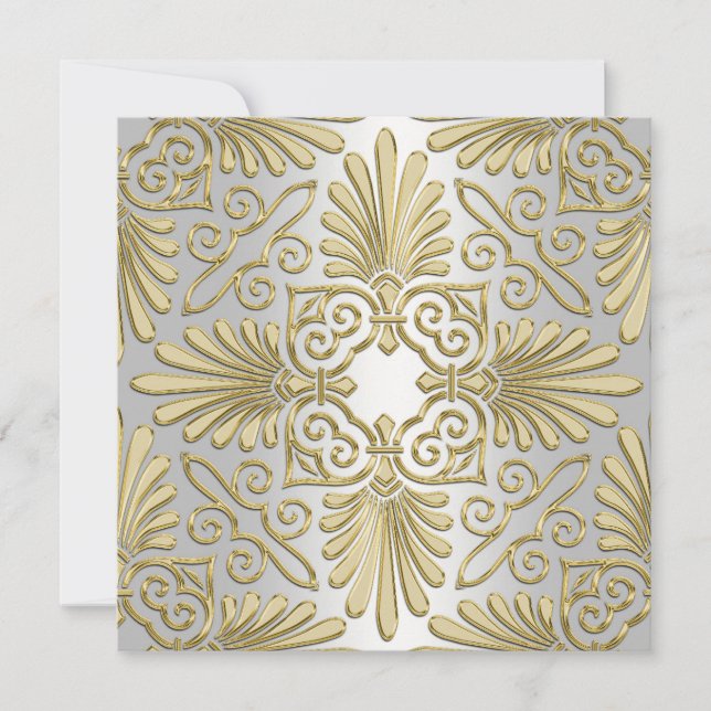 Guld Vit Art Deco Damask Bebisens Första Steg Föde Inbjudningar (Framsida)