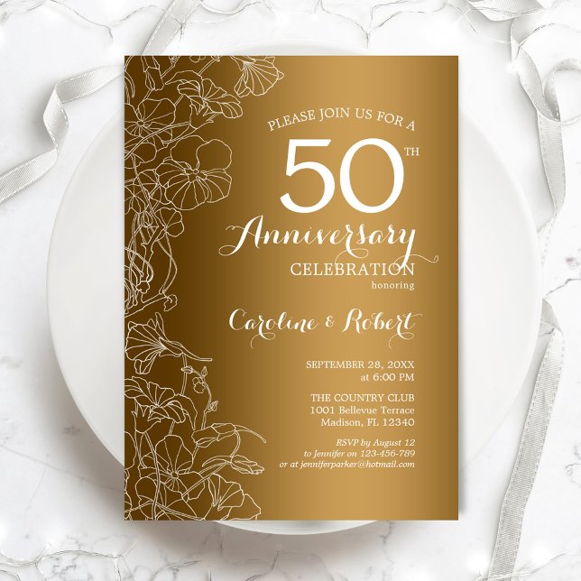 Guld Vit Blommig 50-årsjubileum Inbjudningar (Skapare uppladdad)