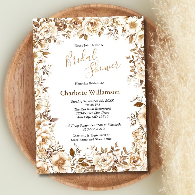 Guld Vit Blommig Elegant Bröllopsfest Inbjudan (Gold White Beige Brown Floral Boho Bridal Shower Invitation)