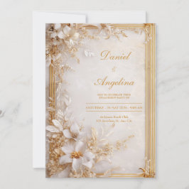Guld Vit Blommig Marmor Glamorös Bröllop Inbjudningar