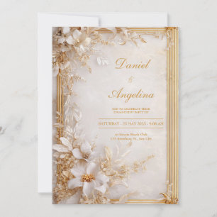 Guld Vit Blommig Marmor Glamorös Bröllop Inbjudningar