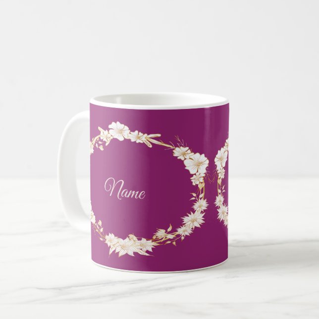 Guld Vit Blommig Rosa Geometrisk Bröllopsgåva Kaffemugg (Framsida vänster)