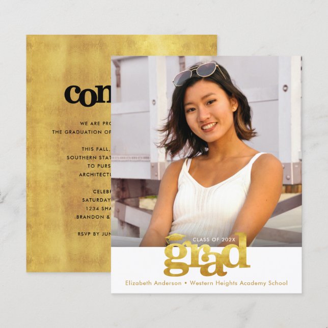 Guld Vit Budget Foto Examen Fet Kappa Inbjudan (Fram/baksida)