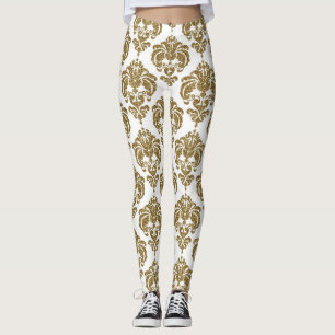 Guld & Vit Damask Chic Modern Elegant Mönster Leggings