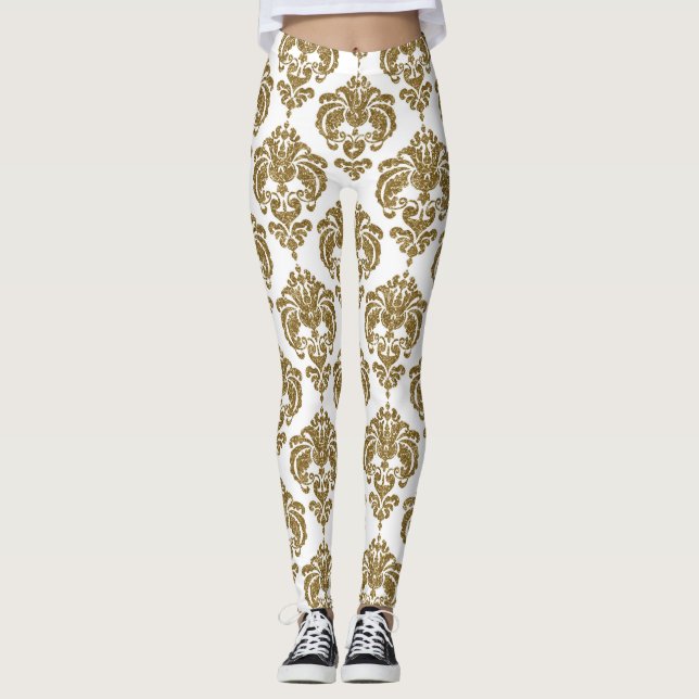 Guld & Vit Damask Chic Modern Elegant Mönster Leggings (Framsida)