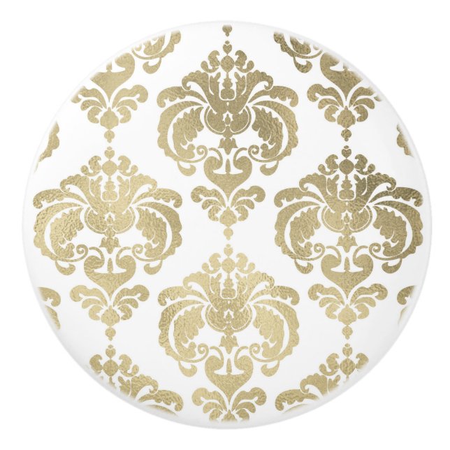 Guld & Vit Damask Elegant Soverum Toalettbord Knopp (Framsidan)