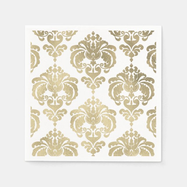 Guld & Vit Damask Vintage Bröllopshändelse Fest Pappersservett (Framsidan)
