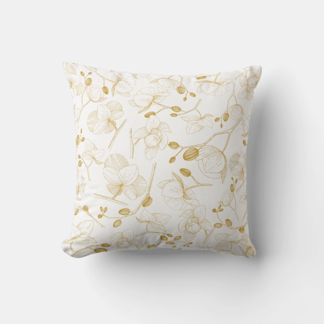 Guld & vit elegant orkidé floral modern kudde (Framsida)