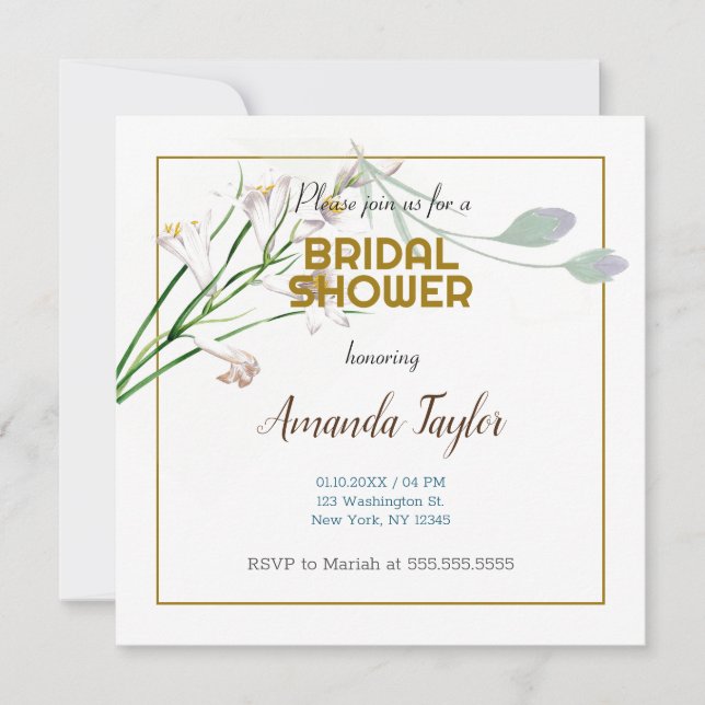 Guld Vit Färg Blommig Minimalistisk Bröllopsdusch Spara Datumet (Framsida)