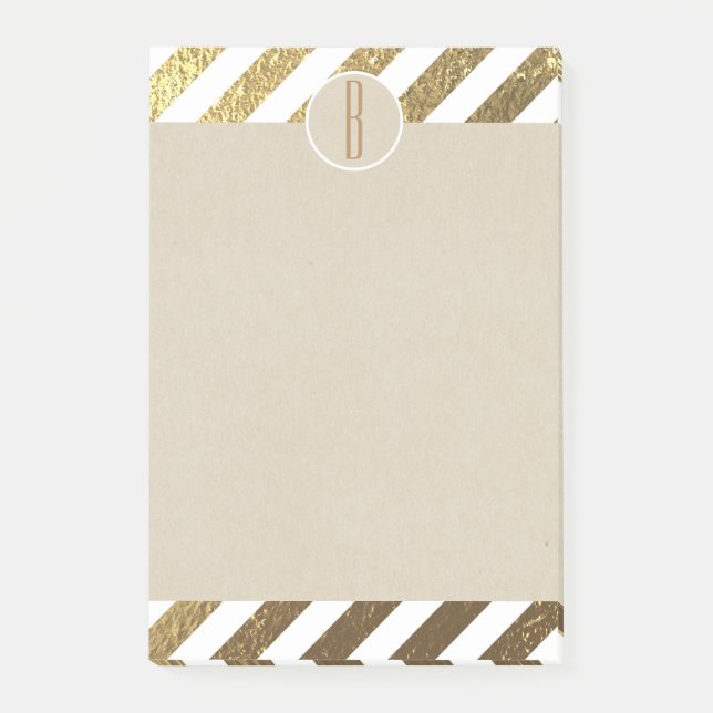 Guld & Vit Folie Ränder Kraft Rustik Monogram Post-it Block (Framsida)