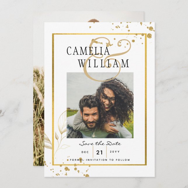 GULD Vit FOTO Bröllopssmycke Modern Klassisk Inbjudningar (Fram/baksida)
