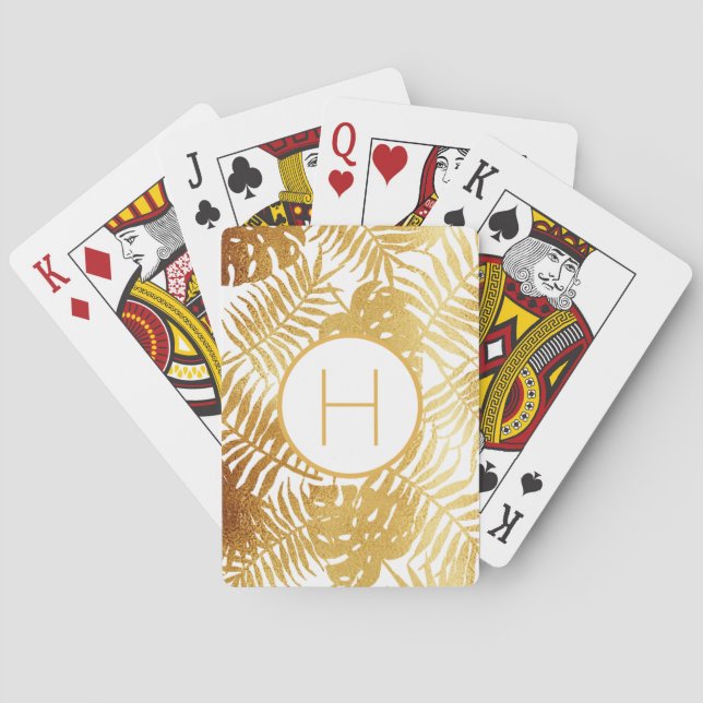 Guld, vit handflatan träd löv monogram casinokort (Baksidan)