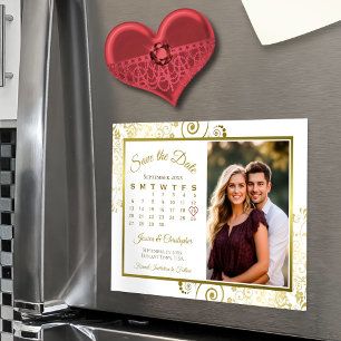 Guld & Vit Kalender & Foto Spara Datum Magnet