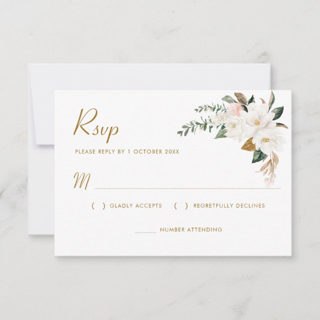 guld & vit magnolia blomsterlig RSVP-kort OSA Kort (Framsida)