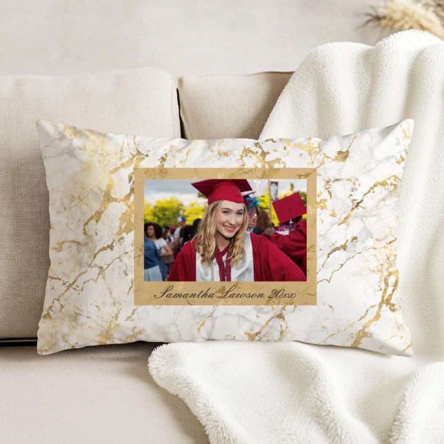 Guld Vit Marmor Anpassad Examen Foto Prydnadskudde (Skapare uppladdad)