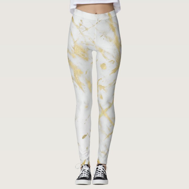 Guld & Vit Marmor Glam Modern Chic Designer Leggings (Framsida)