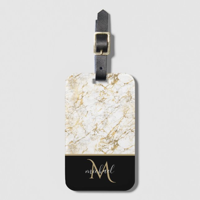 Guld & Vit Marmor med Svart Monogram Bagagebricka (Framsida vertikal)