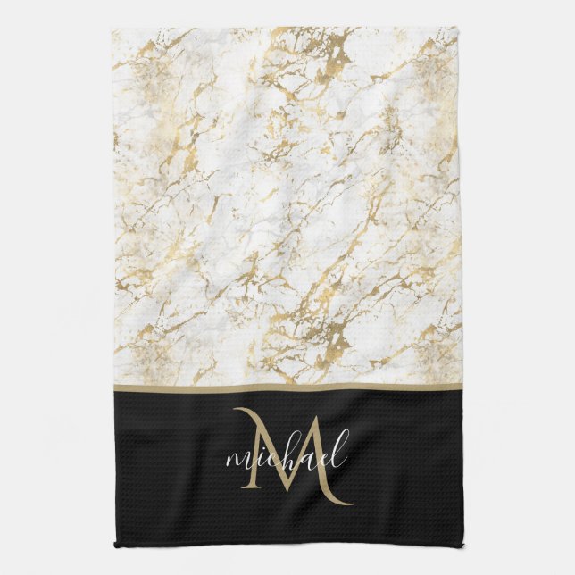 Guld & Vit Marmor med Svart Monogram Kökshandduk (Vertikal)