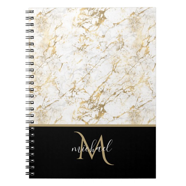 Guld & Vit Marmor med Svart Monogram Lyx Anteckningsbok (Framsidan)