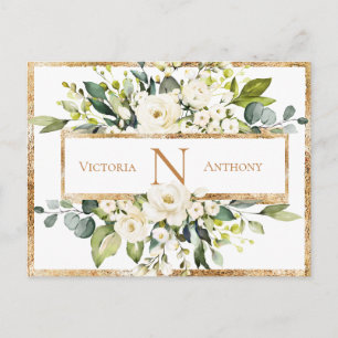 Guld Vit Monogram Blommig Grönska Spara Datum Vykort