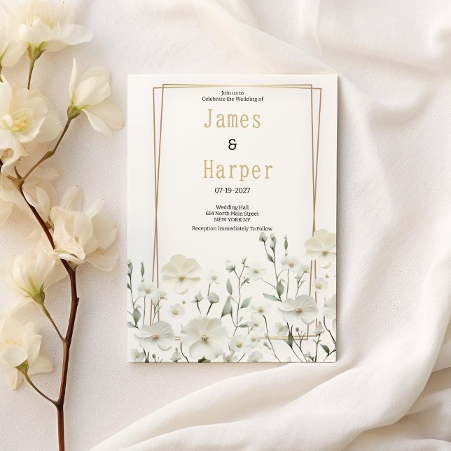 Guld, vit mynta, ömtålig blommigt Bröllop Inbjudningar (Gold white mint delicate floral Wedding )